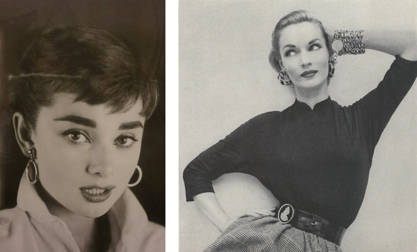 black & white photos, left: Audrey Hepburn with a short piece-y haircut, right: a model wearing a black batwing-sleeve sweater with mandarin collar